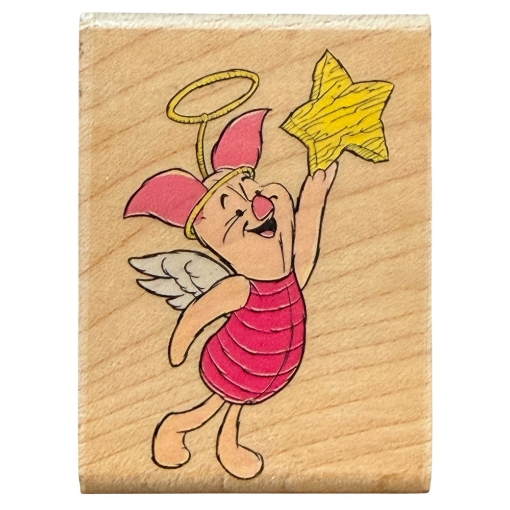 Disney Piglet Angel Rubber Stamp Wood Block 1.5x2.75 Pink‎ Star Crafting
